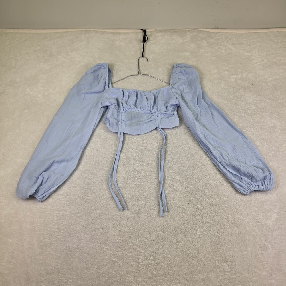Fashion Nova Light Blue Ruched Long Sleeve Crop Top Smocked Square Neck Medium